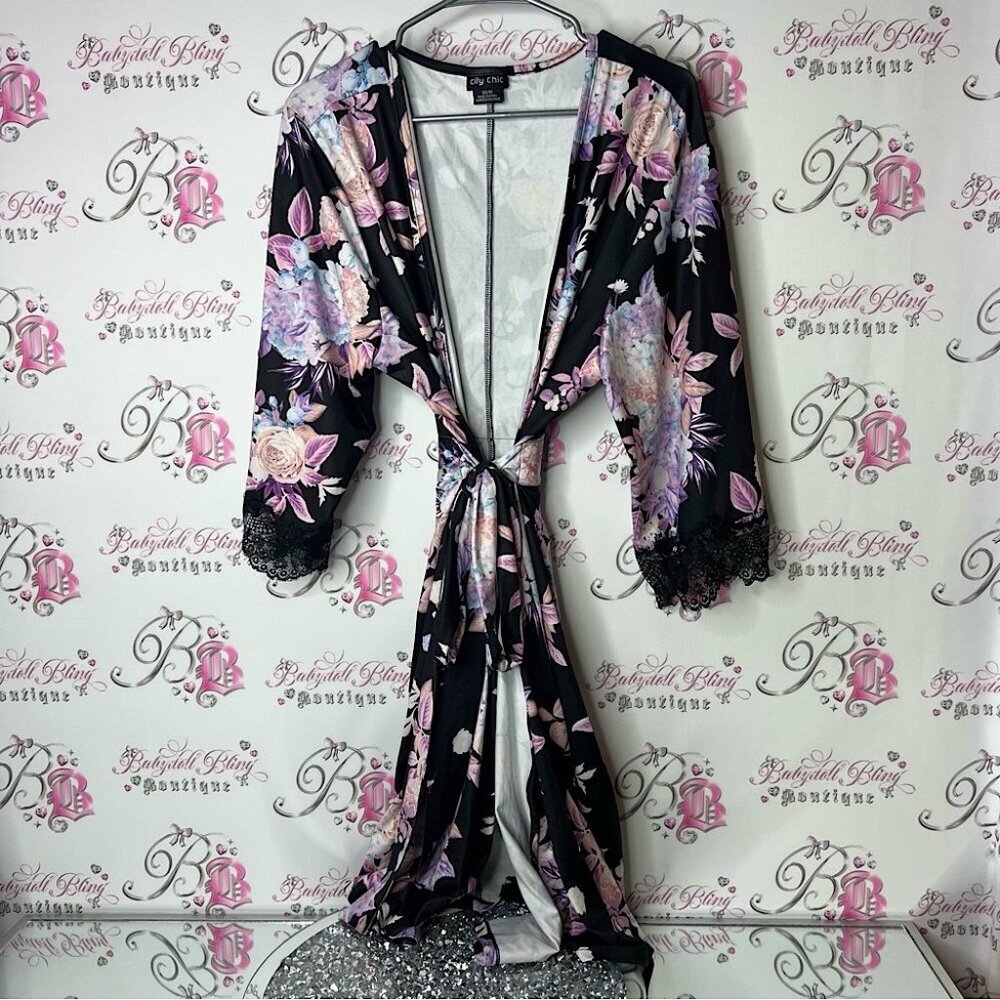 City chic robe kimono tie up waist Floral Black and Pink Lace Trim Robe lace